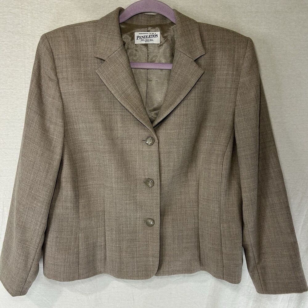 Pendleton 100% Virgin Wool Women's Petite Single Breasted Tan‎ Blazer USA Made